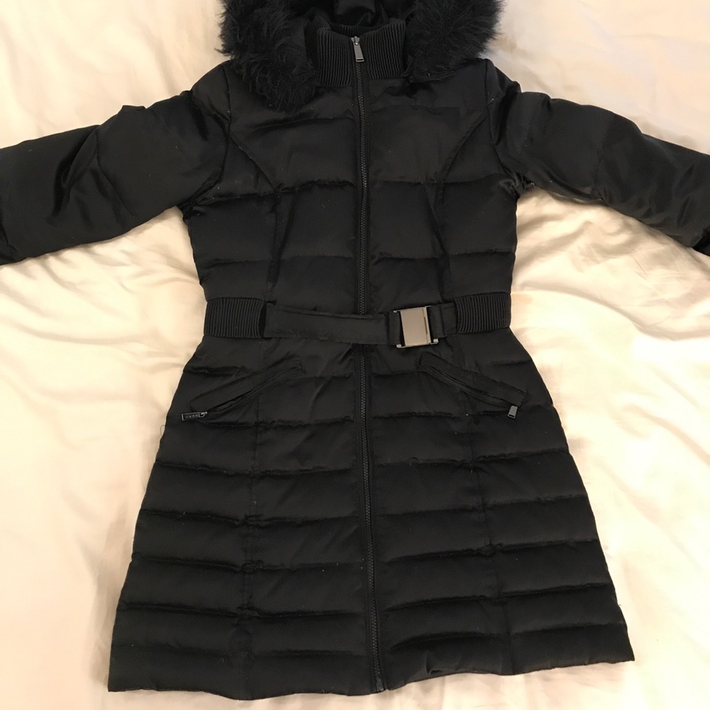 DKNY long puffer coat with faux fur hood